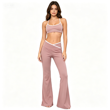 Yoga & Activewear Women's Contrast-Trim Sports Bra and Cross-Waist Flared Yoga Pants Set