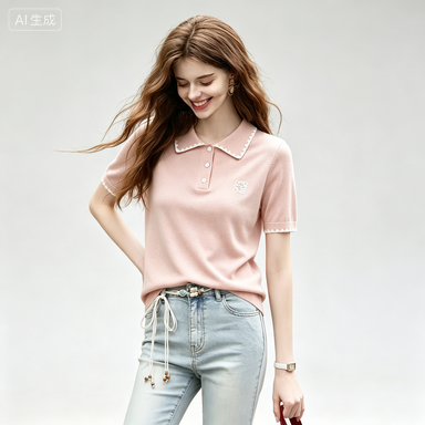 Women's Knitwear Women's Embroidered Ruffle Polo-Collar Knit Top