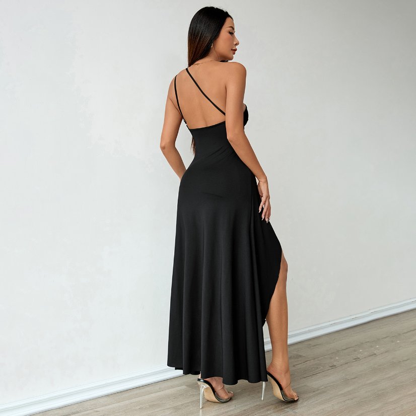 Evening Gowns 6567 One-Shoulder Ruched High-Slit Satin Gown