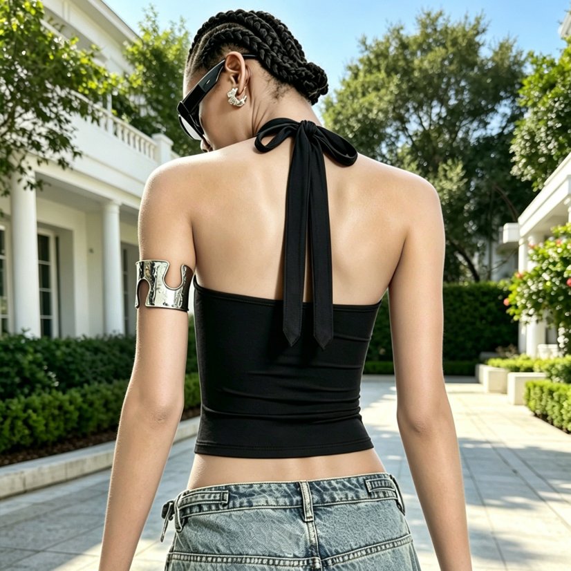 Tops 6205 Black Ruched Deep-V Halter Top