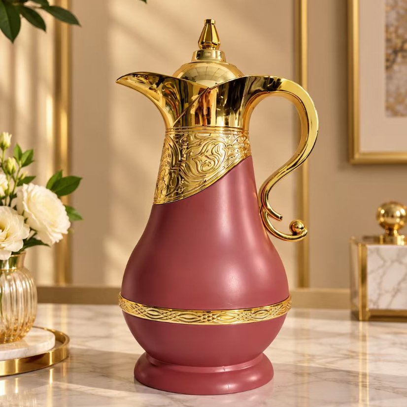 Kettle Ornate Gold Vacuum Flask with Gem Lid, Decorative Handle Thermal Carafe