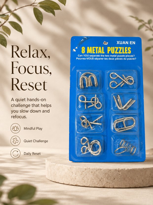 Puzzle Lock 8-Piece Extended Blue Brain Teaser Metal Puzzle Set with Blister Card Packaging