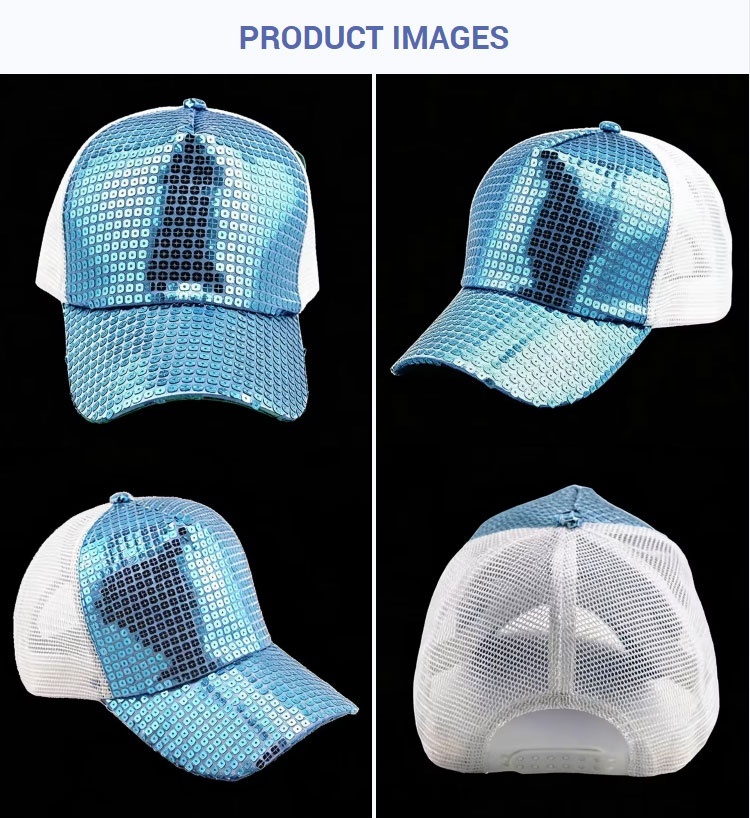 Trucker Caps Shiny Blue Sequin Front Trucker Hat White Breathable Adjustable Glitter Mesh Baseball Cap