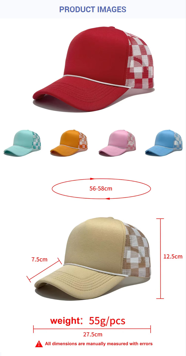 Trucker Caps Foam Checkered Trucker Hat Plaid Blank Rope Curved Brim Adjustable Mesh Baseball Cap