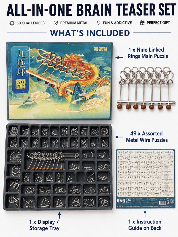 Nine Linked Rings （China Ring） 50-Piece Gift Set of Chinese Ring Puzzle Brain Teasers