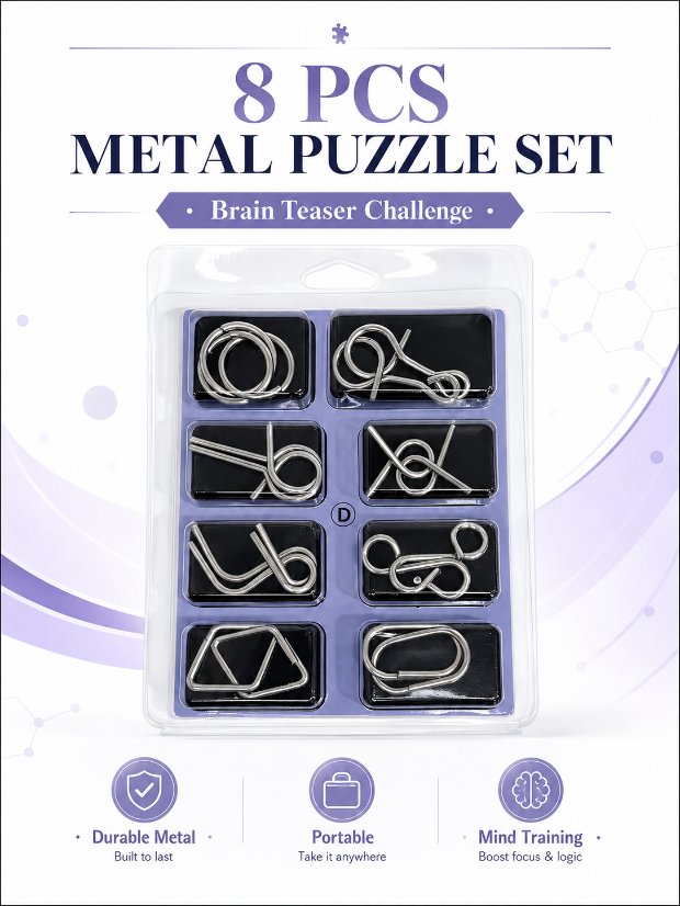 Puzzle Lock 8-Piece Set D of Intellectual Unlocking Puzzle Blister Pack