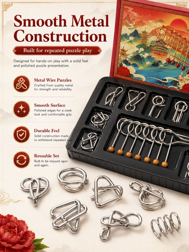 Nine Linked Rings (China Ring) 18-piece Gift Box Set of Chinese Ring Puzzle Brain Teasers