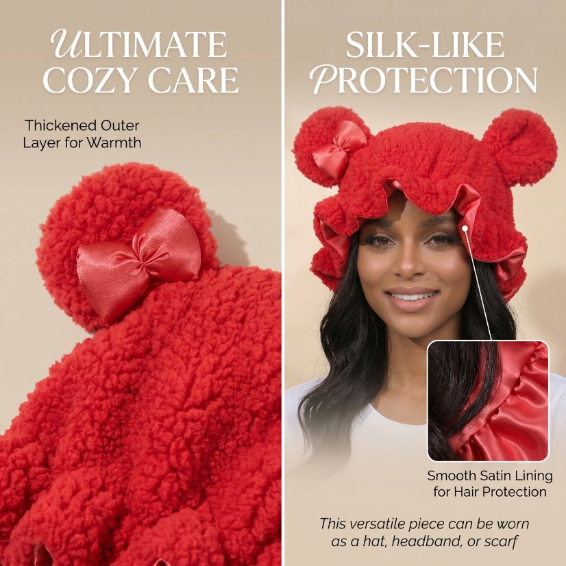 Bonnet Cute Bear Double-Layer Fleece Sleep Bonnet – Satin-Lined Winter Hair Care Sleep Cap