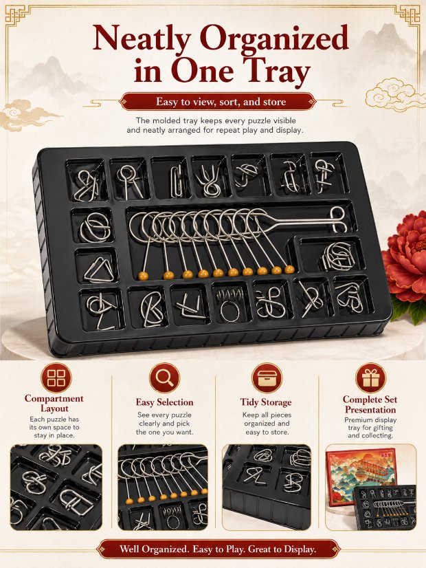 Nine Linked Rings (China Ring) 18-piece Gift Box Set of Chinese Ring Puzzle Brain Teasers