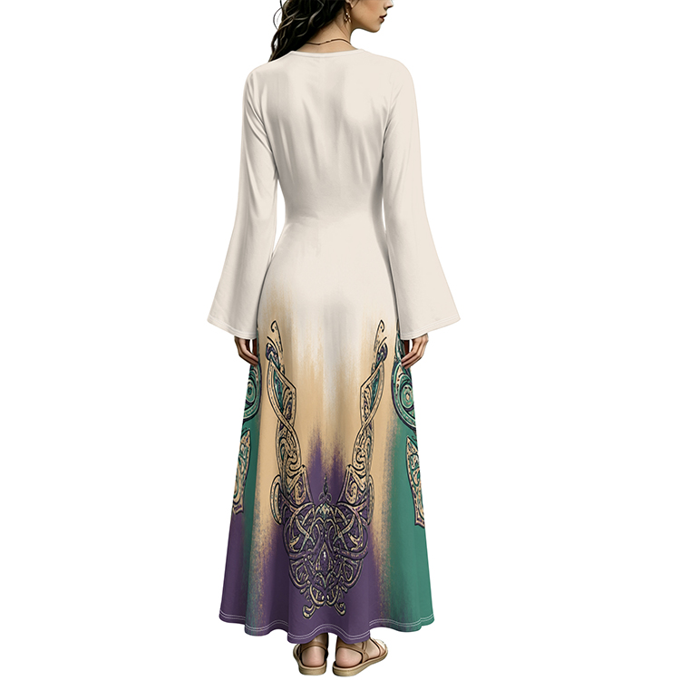 Women's Fashion – Dresses SKC59 – Women's V-Neck Waist-Cinched Bell-Sleeve Maxi Dress