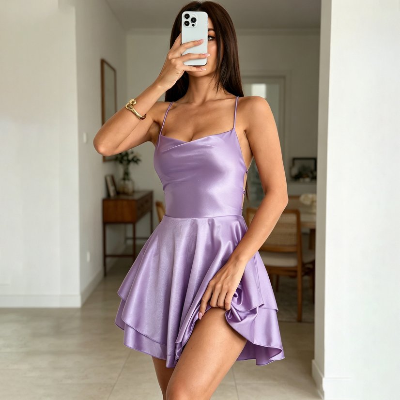 Dresses 201 Satin Camisole Dress with Double-Layer Skirt