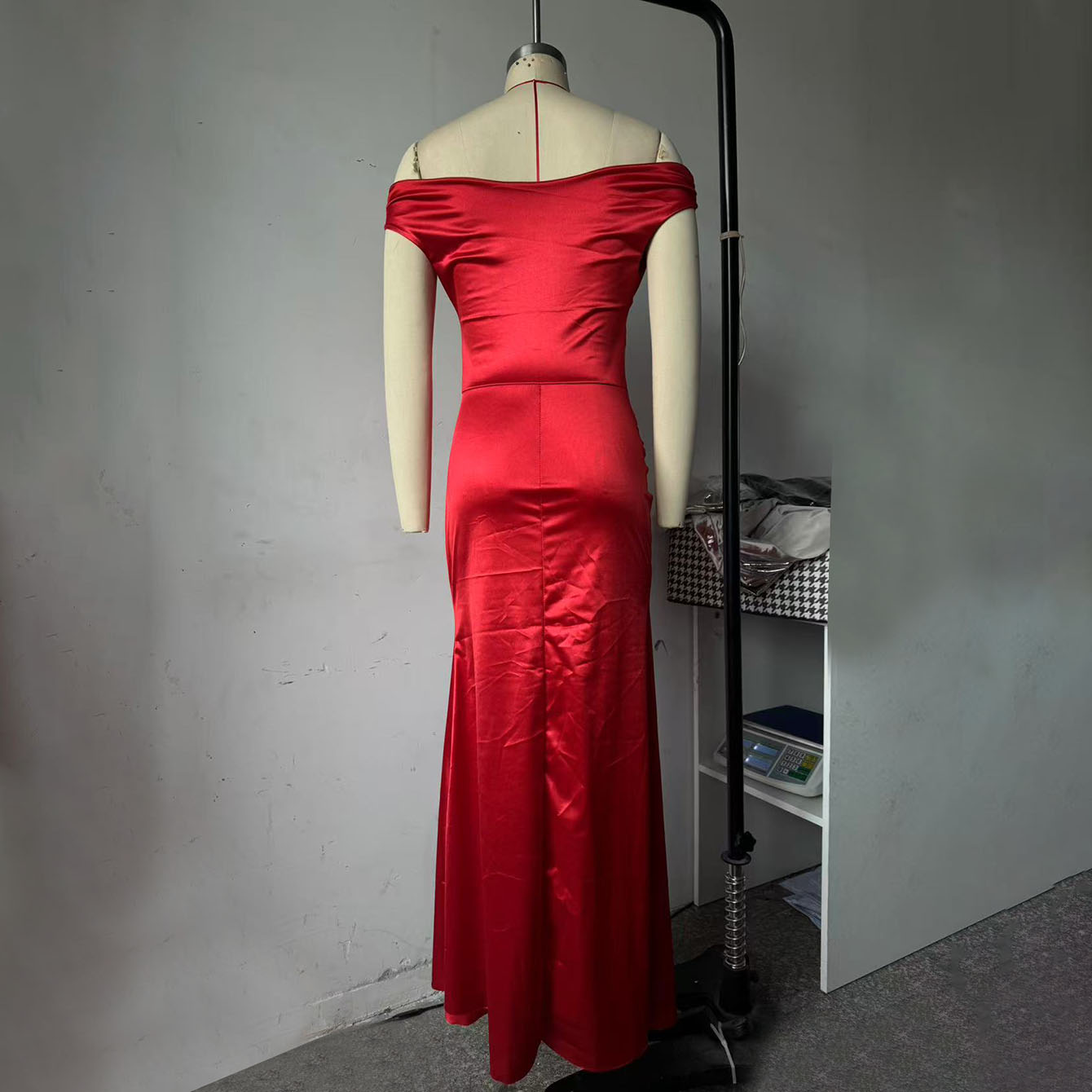 Evening Gowns 6513 Burgundy Off-Shoulder Satin Mermaid Gown