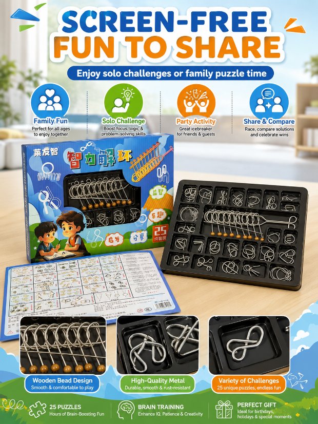 Nine Linked Rings (China Ring) 25-Piece Brain Teaser Metal Puzzle Set Gift Box