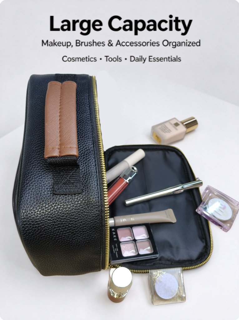 Makeup bag Black Leather Cosmetic Bag