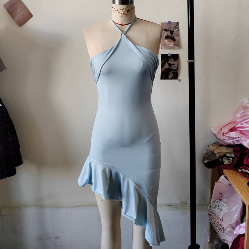 Dresses 6891 Light Blue Halter Dress with Asymmetric Ruffle Hem