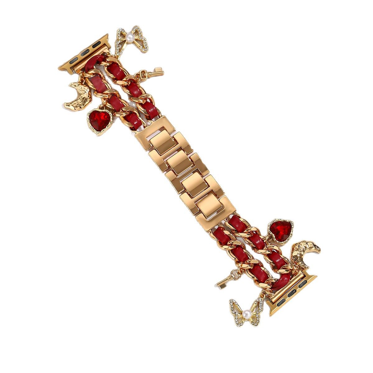 Watch strap  Vintage Chanel-Style Ruby Heart Pendant Leather Chain Strap for Apple Watch All Series 