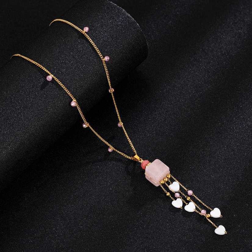 Stainless steel necklace 18K Gold Plated Pink Quartz Heart Tassel Jewelry Set, Necklace & Earrings