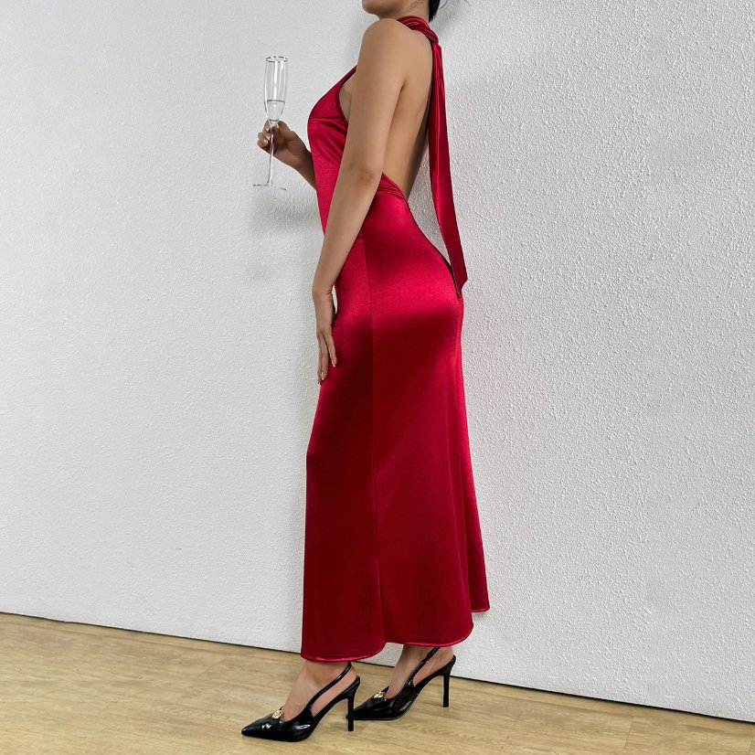 Evening Gowns 6716 Burgundy Satin Halter Mermaid Gown