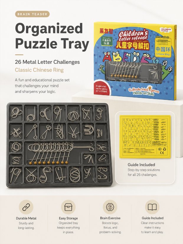 Nine Linked Rings (China Ring) 27-Piece Gift Box of Chinese Ring Puzzles & Letter Buckles