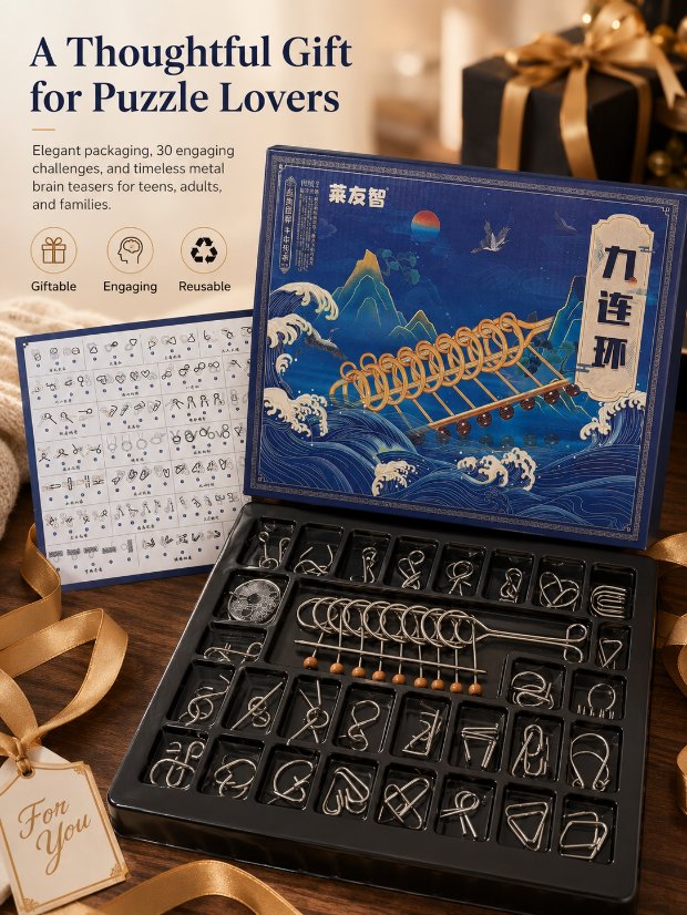 Nine Linked Rings (China Ring) 30-piece Gift Box of Chinese Ring Puzzle Brain Teaser Metal Disentanglement Puzzles