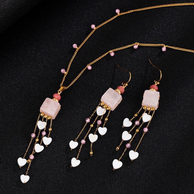 Stainless steel necklace 18K Gold Plated Pink Quartz Heart Tassel Jewelry Set, Necklace & Earrings