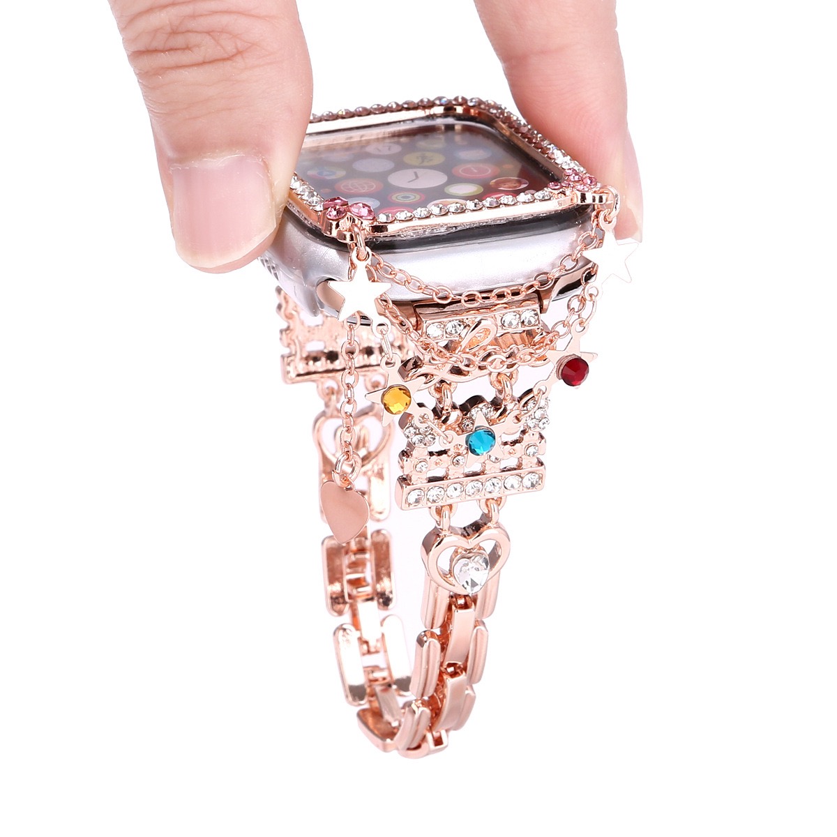 Alloy Watch Band Set Crown Heart Rhinestone Metal Strap + Case Set for Apple Watch All Series