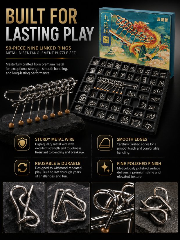 Nine Linked Rings （China Ring） 50-Piece Gift Set of Chinese Ring Puzzle Brain Teasers