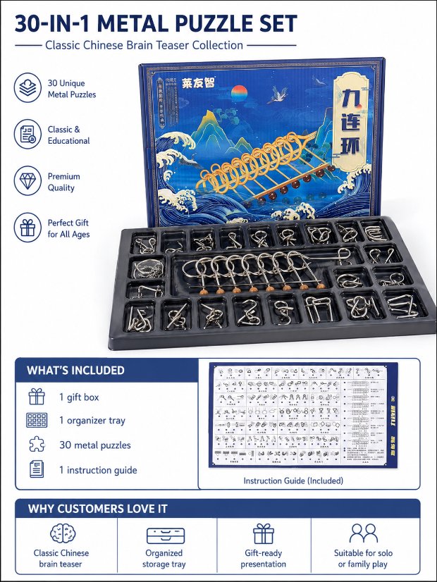 Nine Linked Rings (China Ring) 30-piece Gift Box of Chinese Ring Puzzle Brain Teaser Metal Disentanglement Puzzles