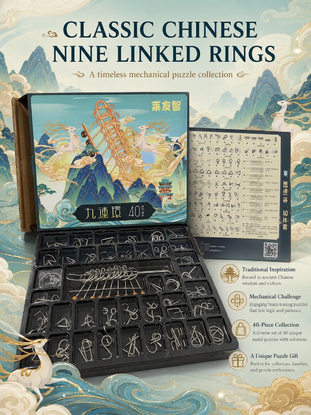 Nine Linked Rings (China Ring) 40-Piece Chinese Ring Puzzle Brain Teaser Set Gift Box