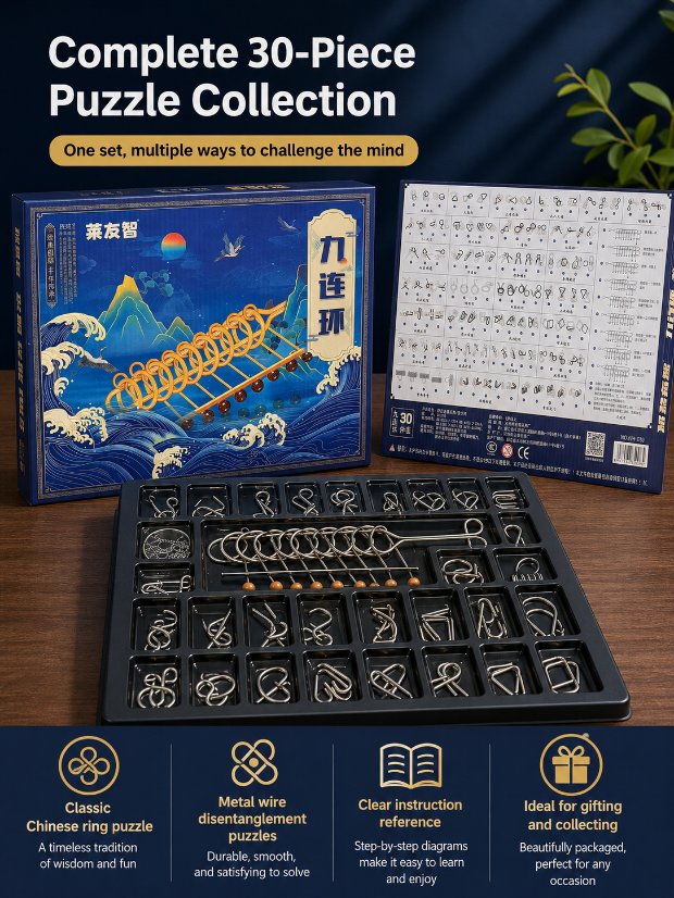 Nine Linked Rings (China Ring) 30-piece Gift Box of Chinese Ring Puzzle Brain Teaser Metal Disentanglement Puzzles