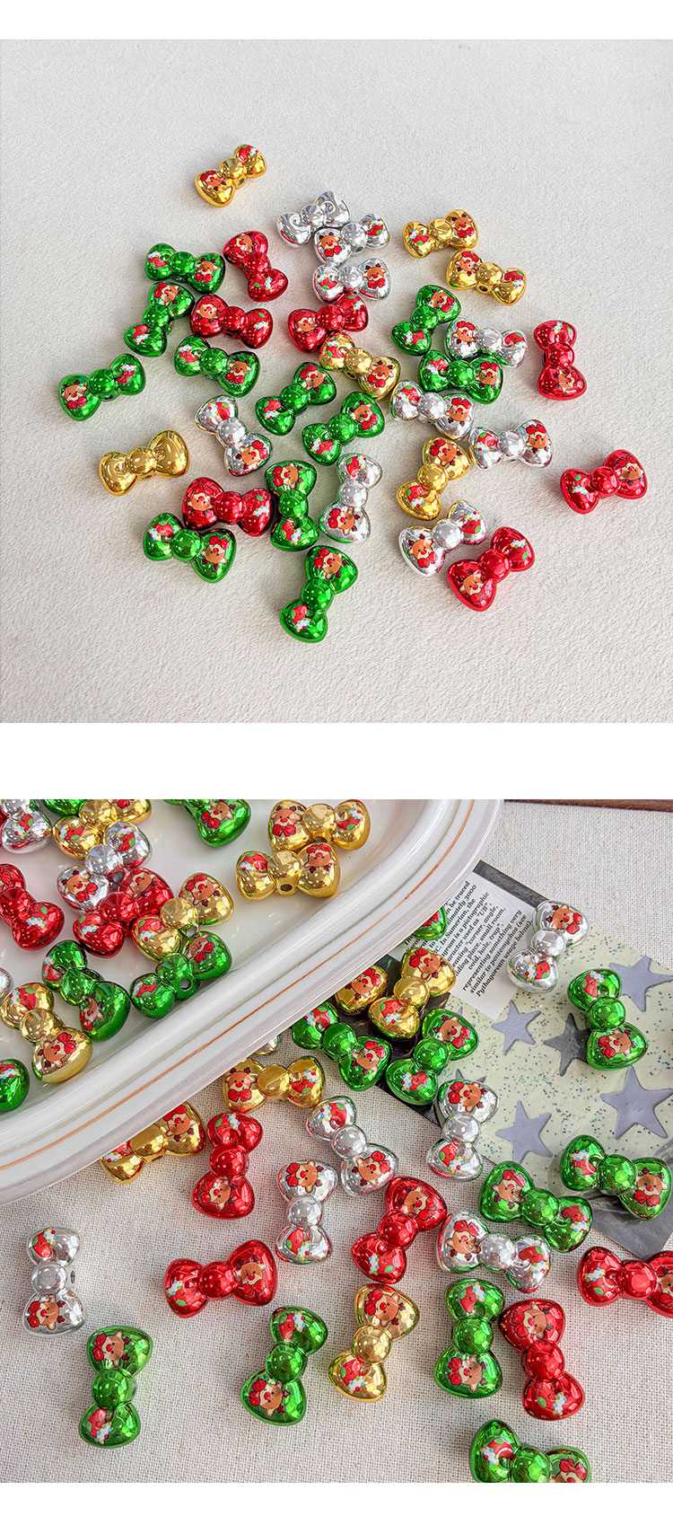 Printed bead Christmas-themed bow beads