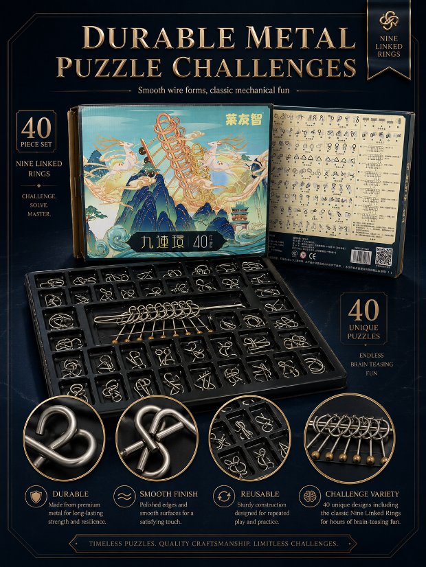 Nine Linked Rings (China Ring) 40-Piece Chinese Ring Puzzle Brain Teaser Set Gift Box