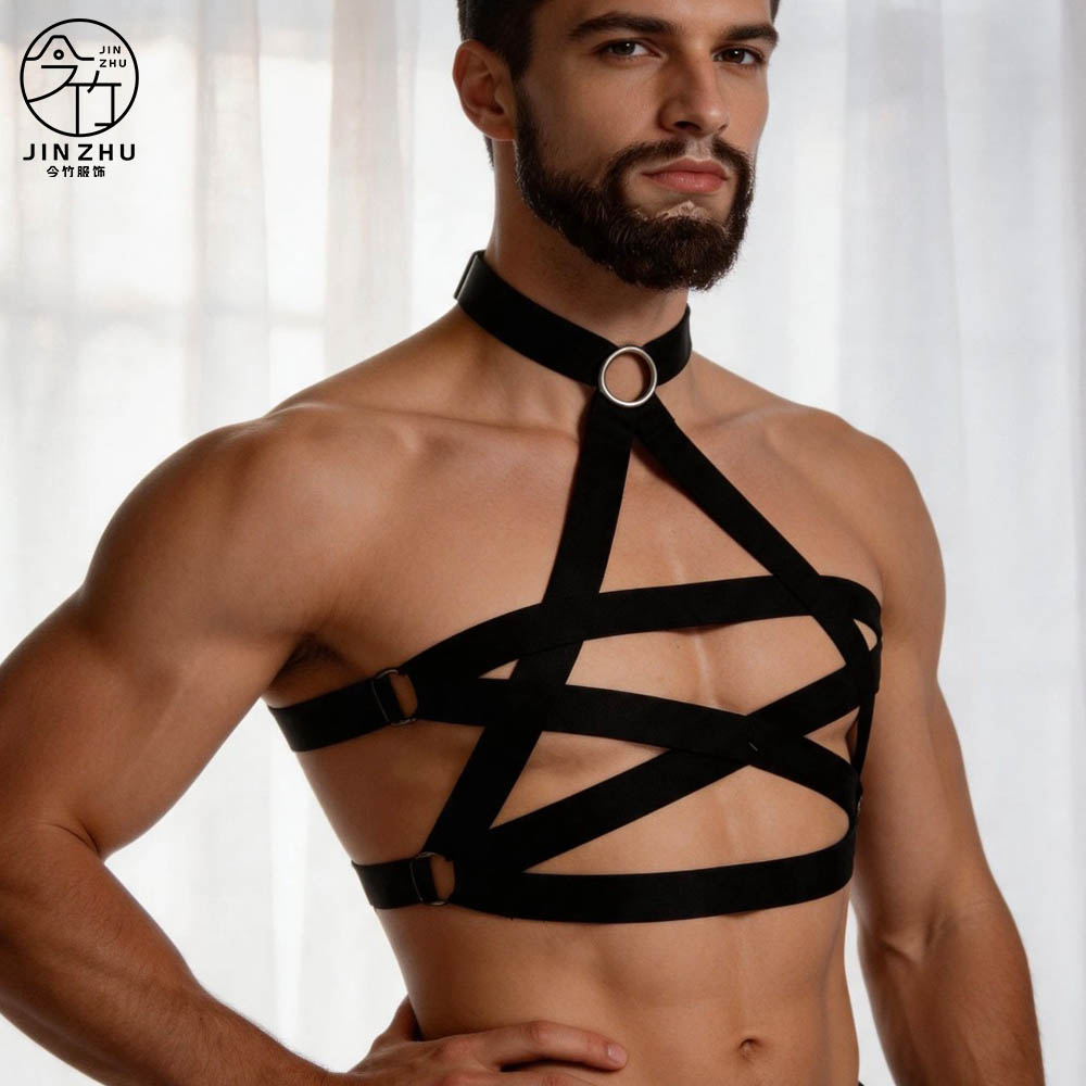 男士上衣 Men's Cross-Strap Body Harness – Choker with O-Ring Adjustable Chest Straps
