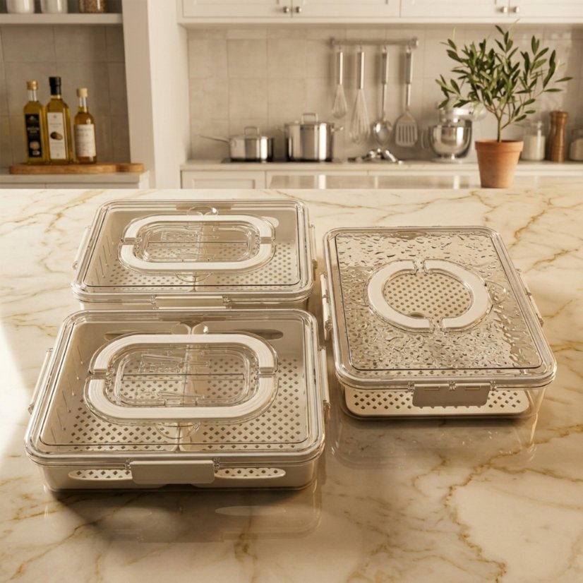 Refrigerator Organization Airtight Produce Keeper with Drain Basket, Vegetable Washing & Storage Container