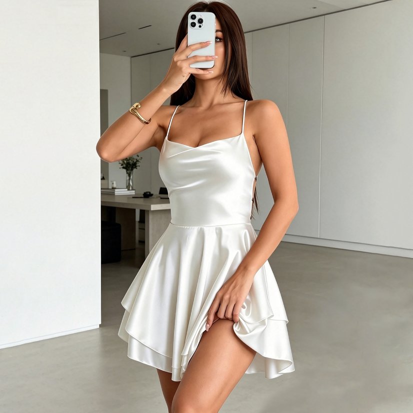 Dresses 201 Satin Camisole Dress with Double-Layer Skirt