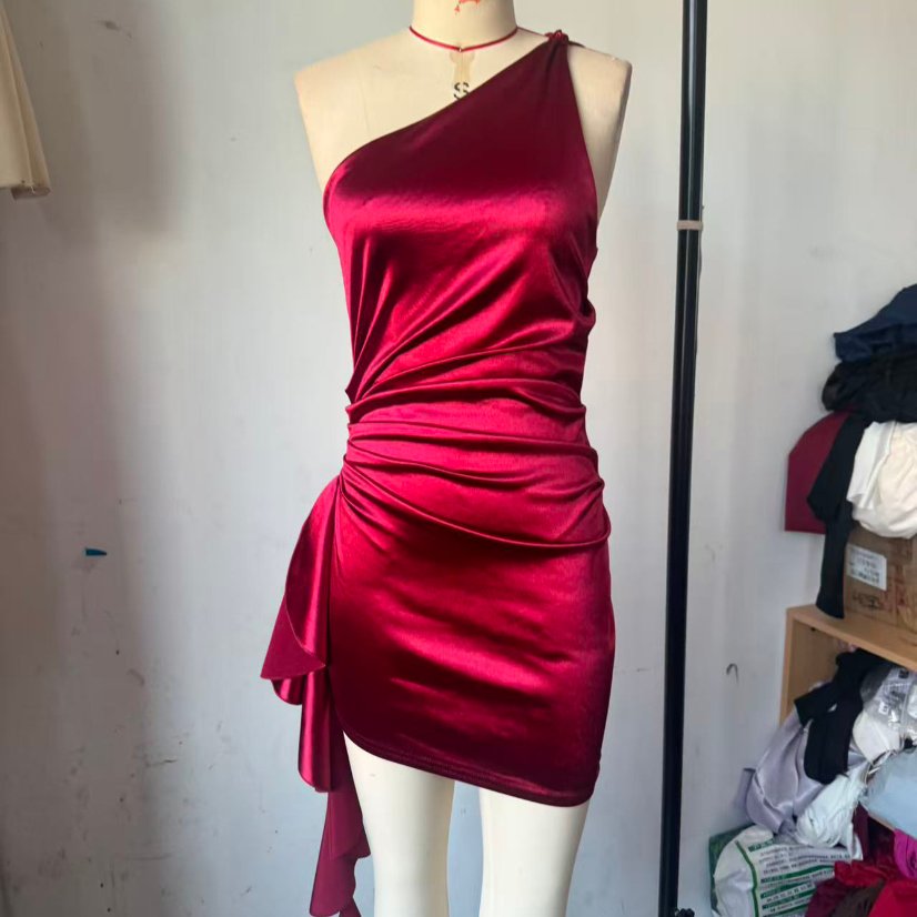 Dresses 299 Satin One-Shoulder Mini Dress with Long Sash