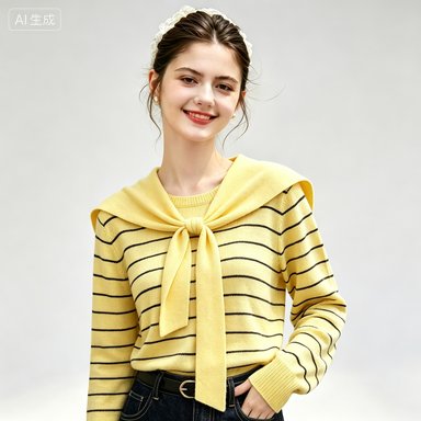 Women's Knitwear Women's French-Style Striped Knit Top with Tie-Shoulder Wrap