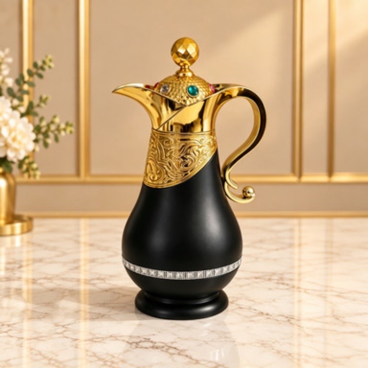 Kettle Ornate Gold Vacuum Flask with Gem Lid, Decorative Handle Thermal Carafe