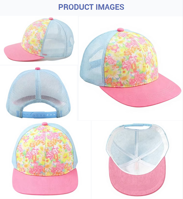 Trucker Caps Girls Pink Floral Print Outdoor Trucker Hat Summer Kids Light Blue Adjustable Mesh Baseball Cap