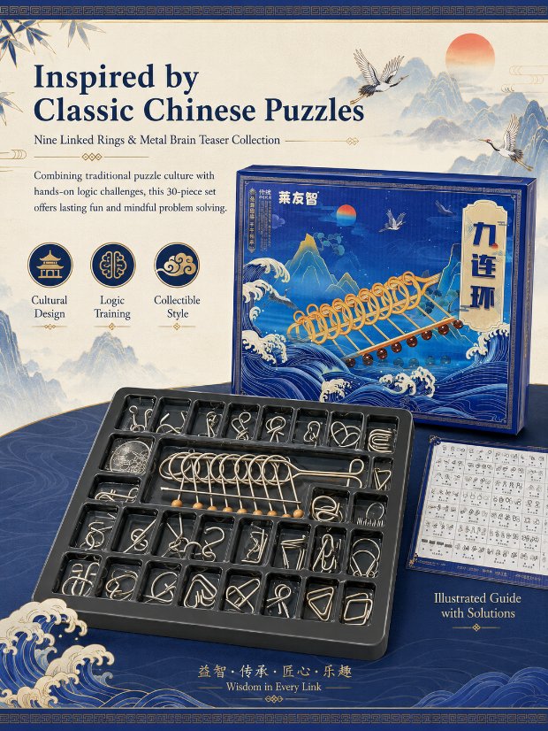 Nine Linked Rings (China Ring) 30-piece Gift Box of Chinese Ring Puzzle Brain Teaser Metal Disentanglement Puzzles