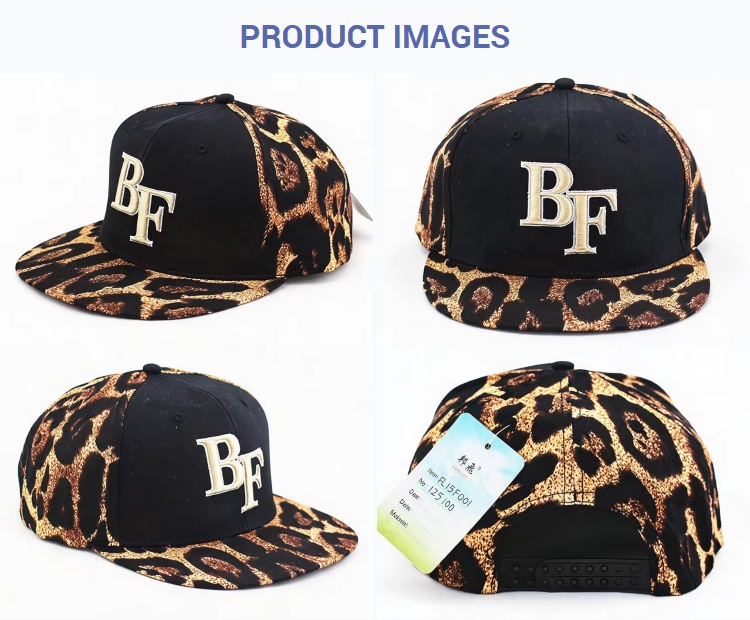 Flat Brim Caps Black Front Leopard Print BF Embroidered Spliced Flat Brim Adjustable Baseball Cap Unisex Hip-Hop 3D Gold Streetwear Snapback Hat