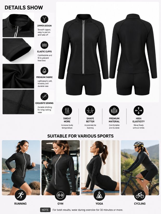 vest-top-tshirt-jacket-bra-tank Sauna Jackets for Women Long Sleeves Sweat Suit Weight Loss Shirt Zipper Workout Gym Exercise Body Shaper