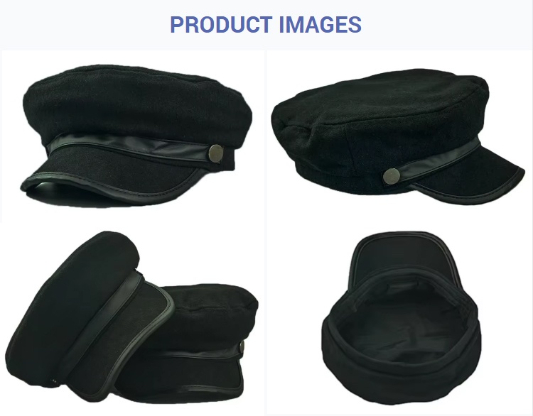 Newsboy Caps Classic Black Wool Blend Captain Fiddler Hat PU Leather Strap Winter Sailor Cap Vintage Casual Trim Metal Button Warm Lined Captain Cap