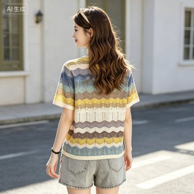 Women's Knitwear Women's Rainbow-Stripe Open-Knit Short-Sleeve Top