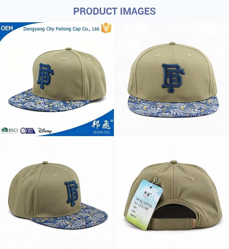 Flat Brim Caps Casual Olive Green BF 3D Embroidered Flat Brim Streetwear Baseball Cap Blue Tropical Leaf Print Adjustable Snapback Hat