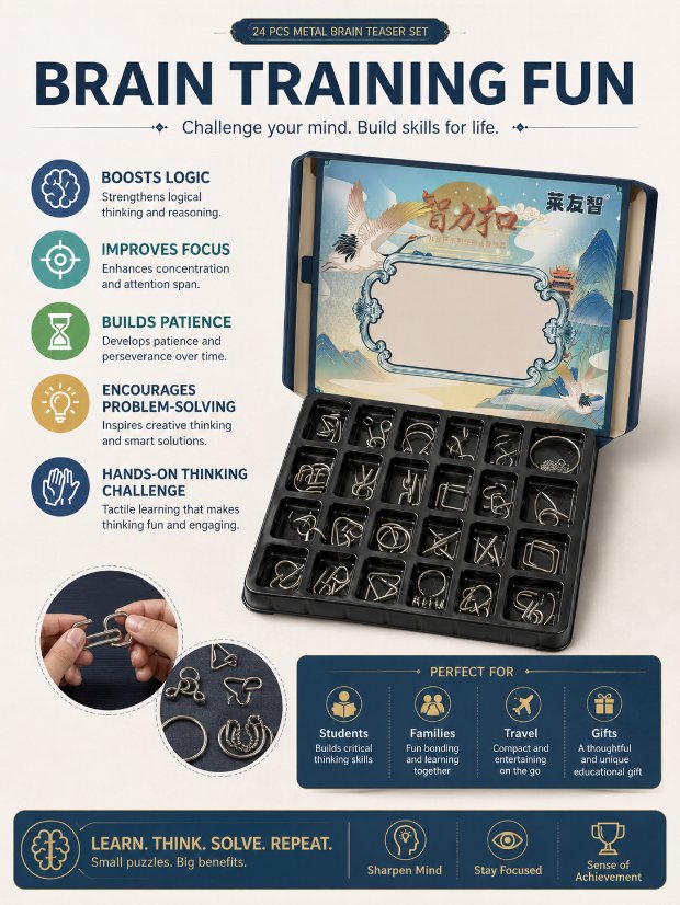 Puzzle Lock 24-Piece Metal Brain Teaser Puzzle Set Gift Box