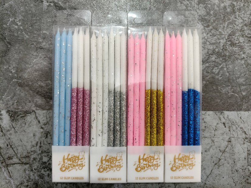 Long Stick Birthday Candles 12-Piece Two-Tone Glitter Long Birthday Candle Set