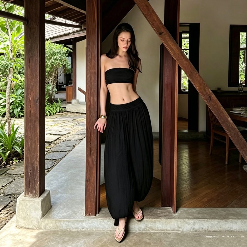 Two-Piece Sets 7132 Strapless Crop Top and Balloon-Leg Pants Set