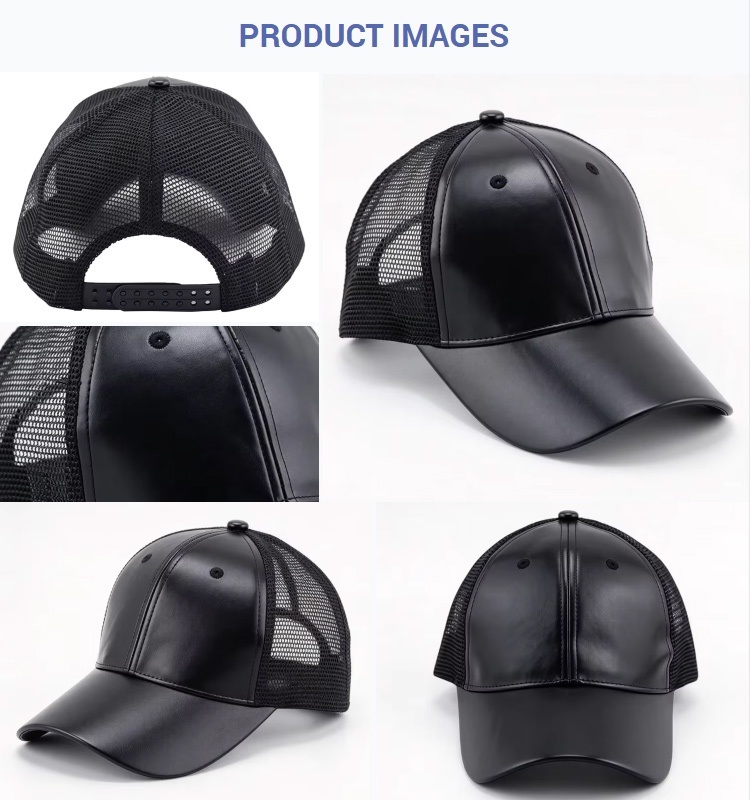 Trucker Caps Black PU Leather Mesh Trucker Cap Blank Faux Leather Front Custom Logo Adjustable Mesh Baseball Hat