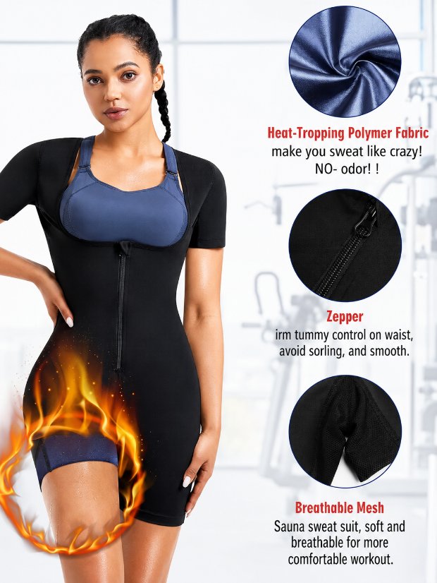 jumpsuit- 3 in 1 waist trimmer shaper Sauna Suit for Women Full Body Waist Trainer Short Sleeve Sweat Suit with Shorts Full Body Shaper